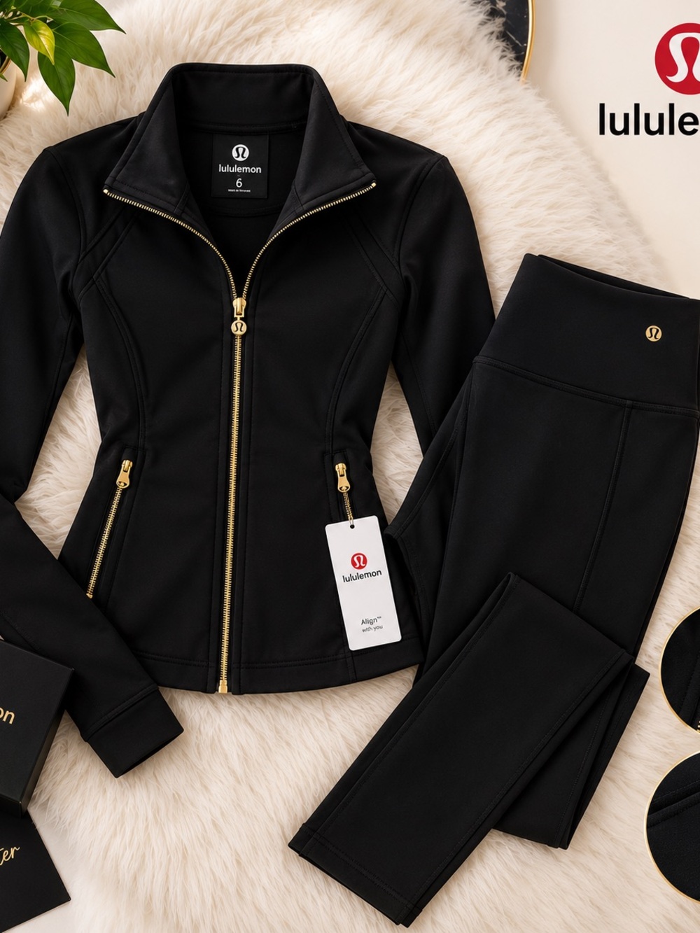 lululemon athletica Black Active Jacket & Leggings with Gold Hardware